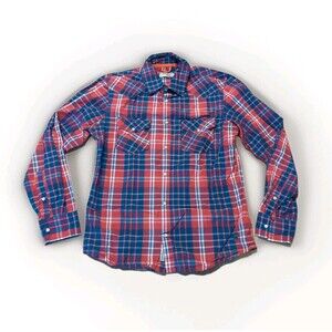 Triple Five Soul Shirt Mens Medium Red Plaid Button Up Pearl Snap